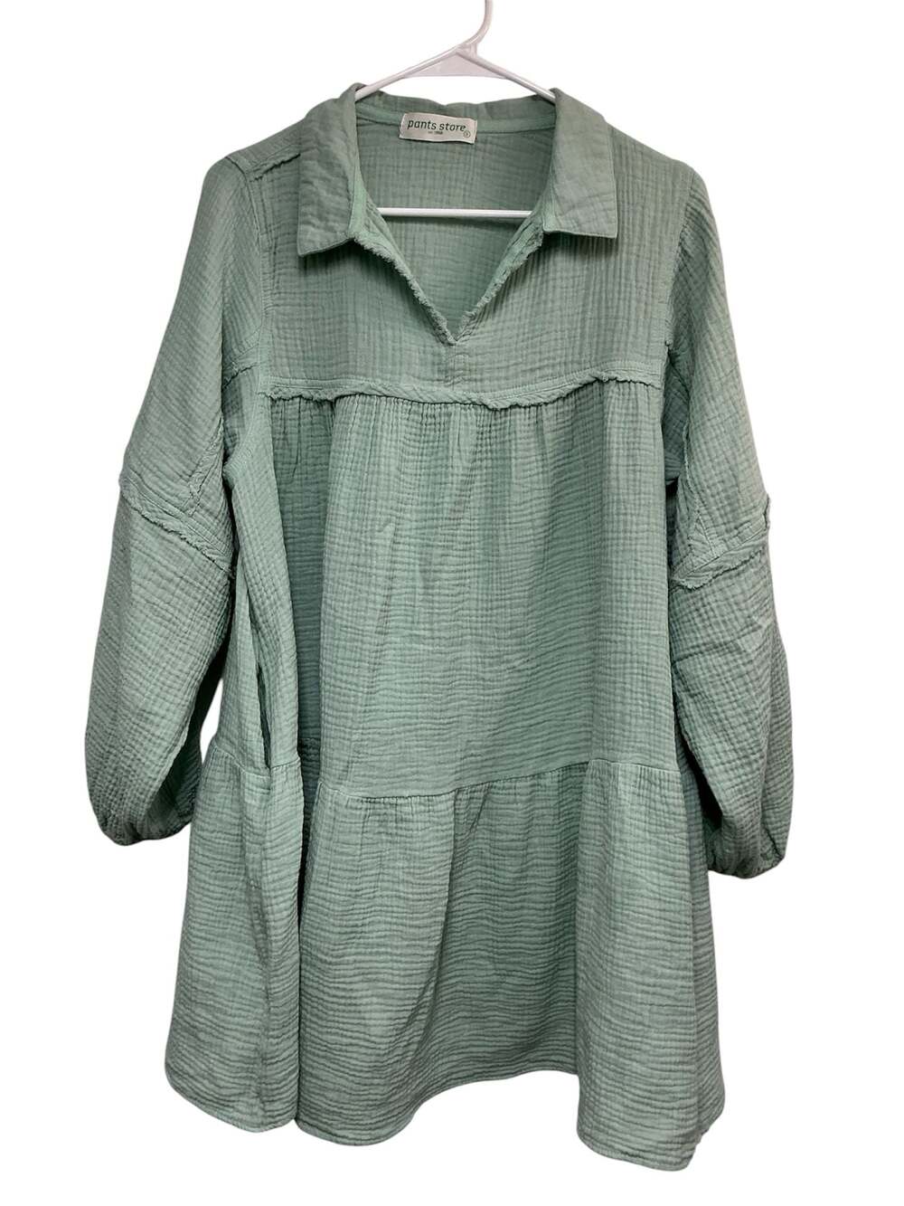 Pants Store Sage Green Cotton Gauze Tiered Long Sleeve Dress Size S